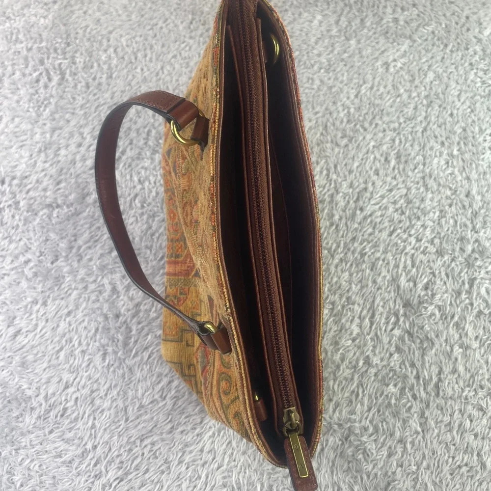 Fossil Satchel Bag Womens Medium Brown Vintage Kilim Tapestry Leather Trim
